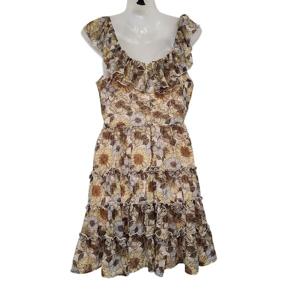 Beyond Words Mini Dress Flutter Shoulder Ruffle Tiered Floral Brown Size Medium - Picture 2 of 11
